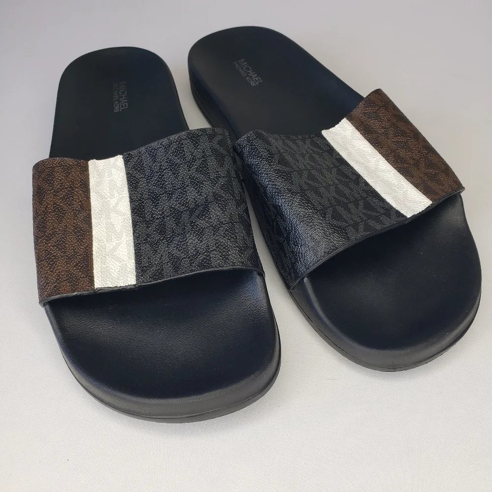 Michael Kors Black Brown Slide Mini Logo Sandals